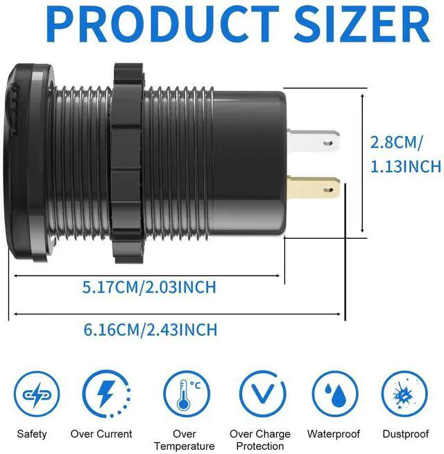 Alt view image 2 of 7 - 2 Pack 12V USB Outlet 3 Port Car Charger Socket, 78W Dual PD USB C 30W and Quick Charge3.0 Port Aluminum Charger Waterproof with Voltmeter and Button Switch for Boat Marine Motorcycle RV Truck, etc