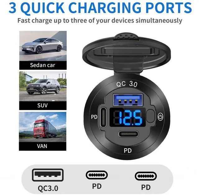 Alt view image 3 of 7 - 2 Pack 12V USB Outlet 3 Port Car Charger Socket, 78W Dual PD USB C 30W and Quick Charge3.0 Port Aluminum Charger Waterproof with Voltmeter and Button Switch for Boat Marine Motorcycle RV Truck, etc