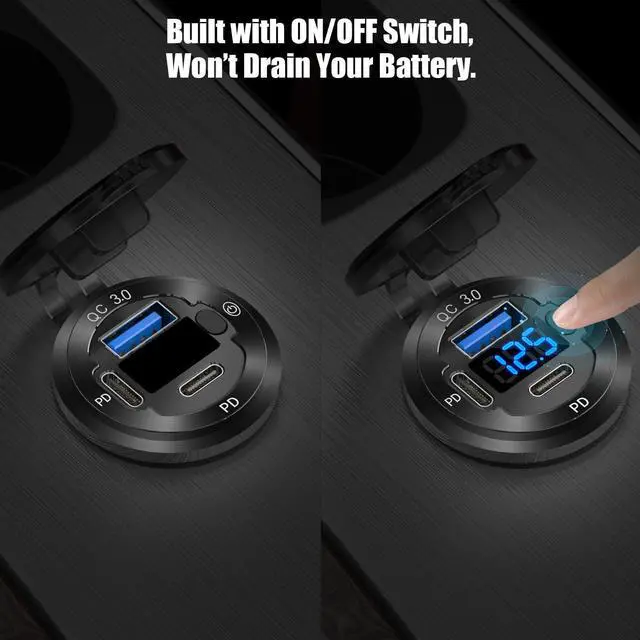 Alt view image 6 of 7 - 2 Pack 12V USB Outlet 3 Port Car Charger Socket, 78W Dual PD USB C 30W and Quick Charge3.0 Port Aluminum Charger Waterproof with Voltmeter and Button Switch for Boat Marine Motorcycle RV Truck, etc