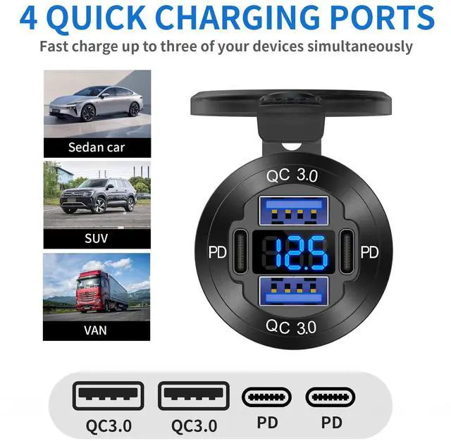 Alt view image 2 of 7 - 2 Pack 12V USB Outlet 4 Port Car Charger Socket, 78W Dual PD USB C and Dual Quick Charge 3.0 Port Aluminum Charger with Voltmeter DIY Kit Waterproof for Car Boat Marine Motorcycle RV ATV Truck, etc