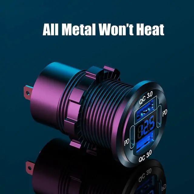 Alt view image 3 of 7 - 2 Pack 12V USB Outlet 4 Port Car Charger Socket, 78W Dual PD USB C and Dual Quick Charge 3.0 Port Aluminum Charger with Voltmeter DIY Kit Waterproof for Car Boat Marine Motorcycle RV ATV Truck, etc