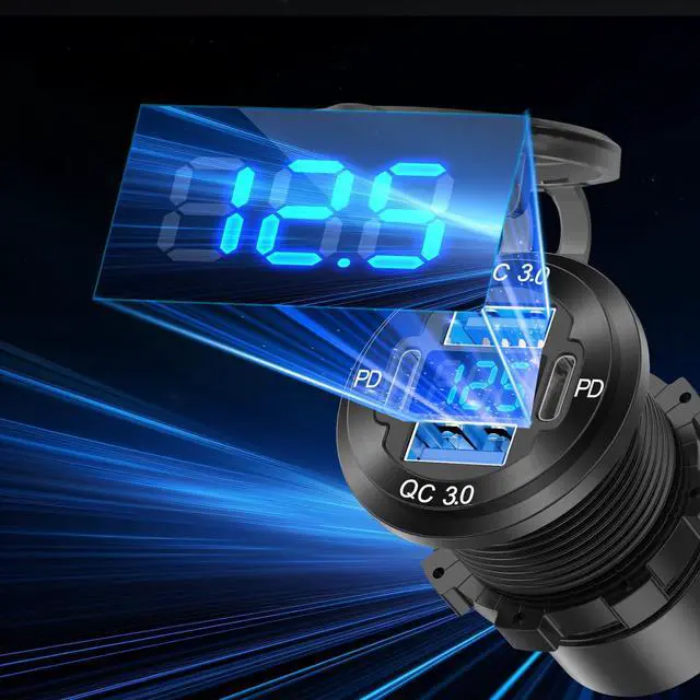 Alt view image 4 of 7 - 2 Pack 12V USB Outlet 4 Port Car Charger Socket, 78W Dual PD USB C and Dual Quick Charge 3.0 Port Aluminum Charger with Voltmeter DIY Kit Waterproof for Car Boat Marine Motorcycle RV ATV Truck, etc