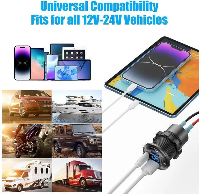 Alt view image 7 of 7 - 2 Pack 12V USB Outlet 4 Port Car Charger Socket, 78W Dual PD USB C and Dual Quick Charge 3.0 Port Aluminum Charger with Voltmeter DIY Kit Waterproof for Car Boat Marine Motorcycle RV ATV Truck, etc