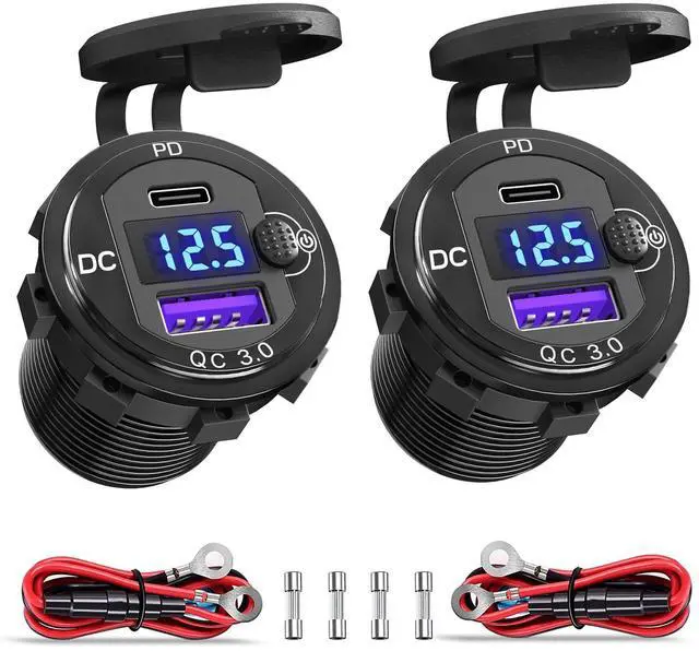 Main image of PD 20W USB-C and 18W QC3.0 USB Port Aluminum 12V Charger Socket with Power Switch Voltmeter for Car, Boat, Marine, Bus, Truck, Golf Cart, RV, Motorcycle
