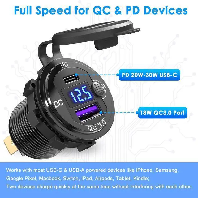 Alt view image 2 of 7 - PD 20W USB-C and 18W QC3.0 USB Port Aluminum 12V Charger Socket with Power Switch Voltmeter for Car, Boat, Marine, Bus, Truck, Golf Cart, RV, Motorcycle