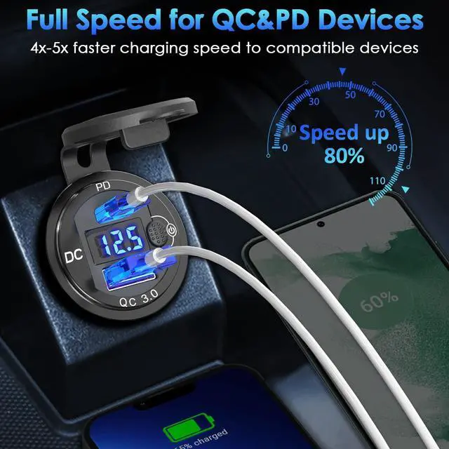 Alt view image 3 of 7 - PD 20W USB-C and 18W QC3.0 USB Port Aluminum 12V Charger Socket with Power Switch Voltmeter for Car, Boat, Marine, Bus, Truck, Golf Cart, RV, Motorcycle