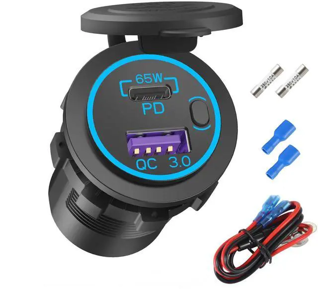 Main image of Boostable 12V USB C Outlet 65W PD3.0 Port and 18W Quick Charge 3.0 Car USB Charger Socket for Laptops Tablets Phones, Waterproof 12V/24V Socket with Power Switch for Car Marine Boat Motorcycle RV