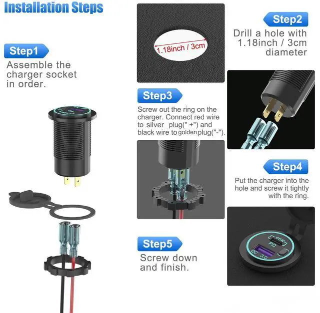 Alt view image 5 of 7 - Boostable 12V USB C Outlet 65W PD3.0 Port and 18W Quick Charge 3.0 Car USB Charger Socket for Laptops Tablets Phones, Waterproof 12V/24V Socket with Power Switch for Car Marine Boat Motorcycle RV