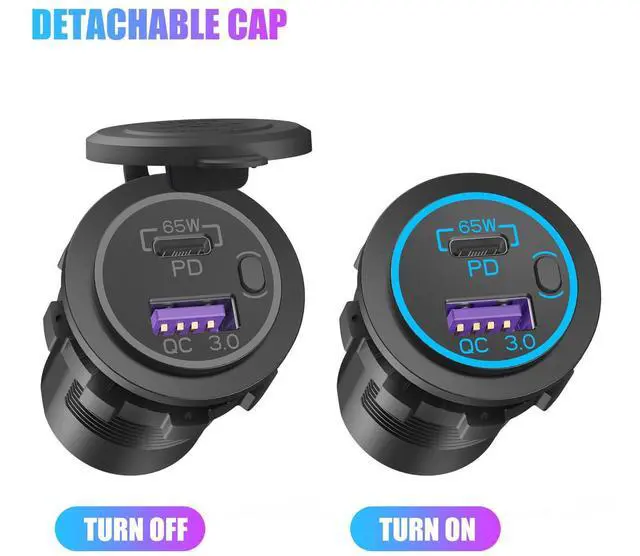 Alt view image 4 of 7 - Boostable 12V USB C Outlet 65W PD3.0 Port and 18W Quick Charge 3.0 Car USB Charger Socket for Laptops Tablets Phones, Waterproof 12V/24V Socket with Power Switch for Car Marine Boat Motorcycle RV