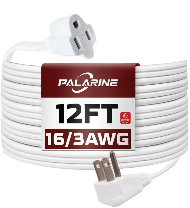 Main image of White Flat Plug Extension Cord 12 ft, Indoor Extension Cord, 16/3 SPT-3 13A 3 Prong Power Cord for Kitchens, Behind Furniture, Office, UL Listed