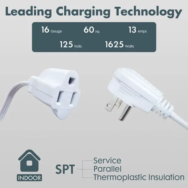 Alt view image 2 of 6 - White Flat Plug Extension Cord 12 ft, Indoor Extension Cord, 16/3 SPT-3 13A 3 Prong Power Cord for Kitchens, Behind Furniture, Office, UL Listed