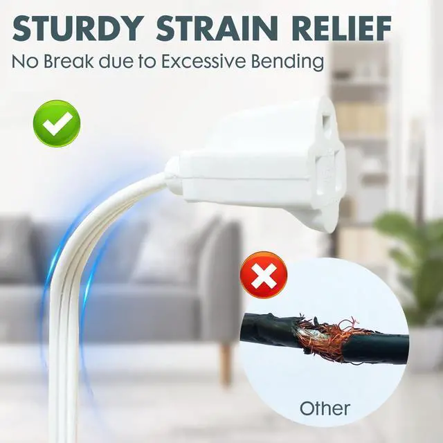 Alt view image 3 of 6 - White Flat Plug Extension Cord 12 ft, Indoor Extension Cord, 16/3 SPT-3 13A 3 Prong Power Cord for Kitchens, Behind Furniture, Office, UL Listed