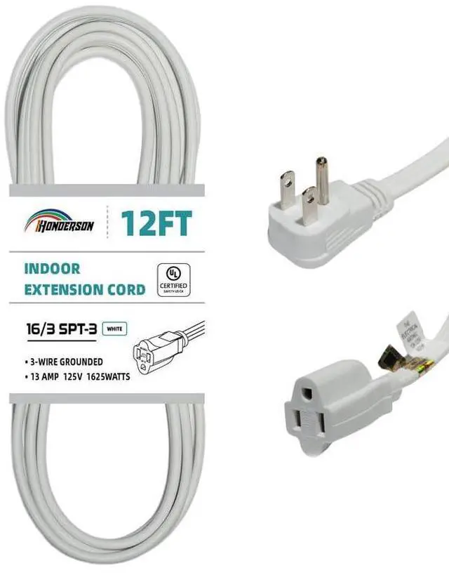 Main image of Flat Plug Extension Cord, UL Listed, Indoor Extension Cord 16 Gauge 12FT White, 16/3 SPT-3 13A 3 Prong Grounded Power Cord for Home, Office