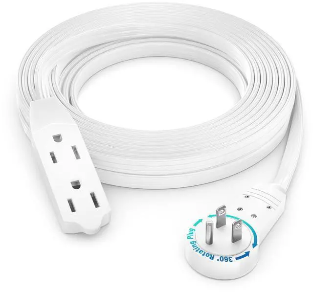 Main image of Cable 15 Ft 360° Rotating Flat Plug Extension Cord/Wire, 16 AWG Multi 3 Outlet Extension Wire, 3 Prong Grounded Wire - White - UL Certified