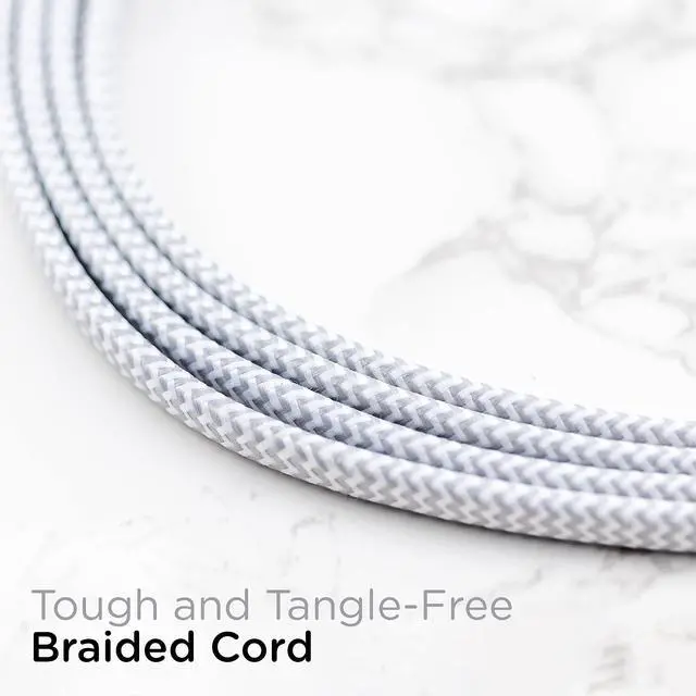 Alt view image 4 of 6 - Designer 3-Outlet Extension Cord, 2 Prong Power Strip, Extra Long 15 Ft Cable with Flat Plug, Braided Chevron Fabric Cord, Slide-to-Close Safety Outlets, White/Gray, 43431