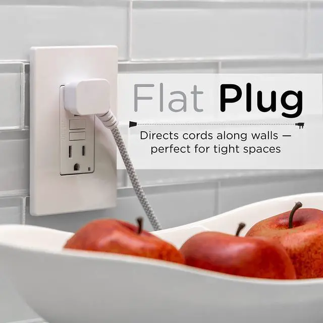 Alt view image 5 of 6 - Designer 3-Outlet Extension Cord, 2 Prong Power Strip, Extra Long 15 Ft Cable with Flat Plug, Braided Chevron Fabric Cord, Slide-to-Close Safety Outlets, White/Gray, 43431