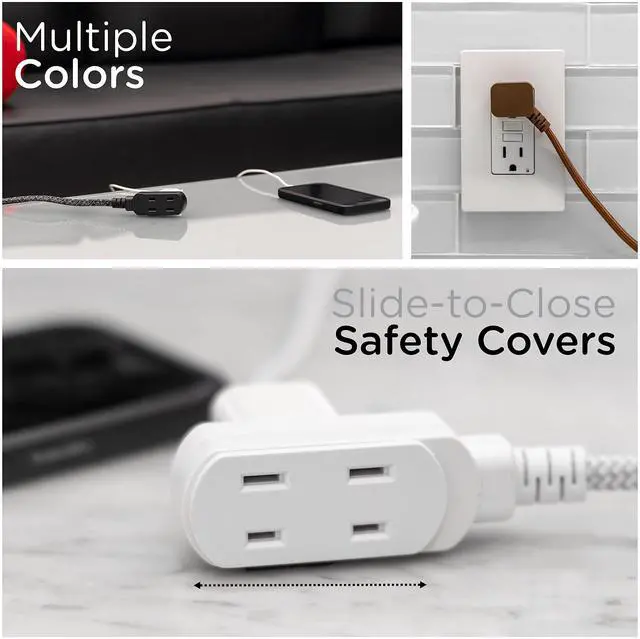 Alt view image 6 of 6 - Designer 3-Outlet Extension Cord, 2 Prong Power Strip, Extra Long 15 Ft Cable with Flat Plug, Braided Chevron Fabric Cord, Slide-to-Close Safety Outlets, White/Gray, 43431