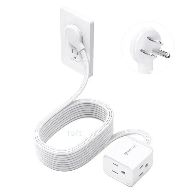 Main image of Flat Extension Cord 15ft - Right Angled Flat Plug Power Strip, ETL Listed, 3 Plug Extension Outlets, Three Prong, SPT 16/3 Gauge Cable, 13 Amps, Compact for Indoor Home Office Kitchen, White