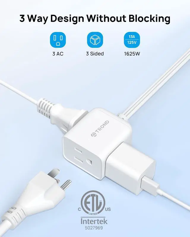 Alt view image 2 of 6 - Flat Extension Cord 15ft - Right Angled Flat Plug Power Strip, ETL Listed, 3 Plug Extension Outlets, Three Prong, SPT 16/3 Gauge Cable, 13 Amps, Compact for Indoor Home Office Kitchen, White