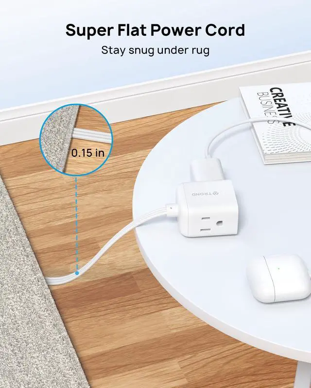 Alt view image 5 of 6 - Flat Extension Cord 15ft - Right Angled Flat Plug Power Strip, ETL Listed, 3 Plug Extension Outlets, Three Prong, SPT 16/3 Gauge Cable, 13 Amps, Compact for Indoor Home Office Kitchen, White