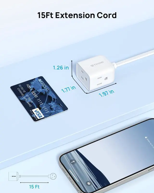 Alt view image 6 of 6 - Flat Extension Cord 15ft - Right Angled Flat Plug Power Strip, ETL Listed, 3 Plug Extension Outlets, Three Prong, SPT 16/3 Gauge Cable, 13 Amps, Compact for Indoor Home Office Kitchen, White