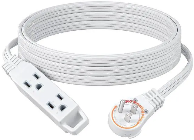 Main image of 15FT Flat Plug Extension Cord, 3 Prong Ultra Thin Power Strip, 360° Rotating Plug, 13A/125V/1625W, 16 Awg Grounded Flat Power Cable for Indoor Narrow Space, SPT-3, ETL Listed, White