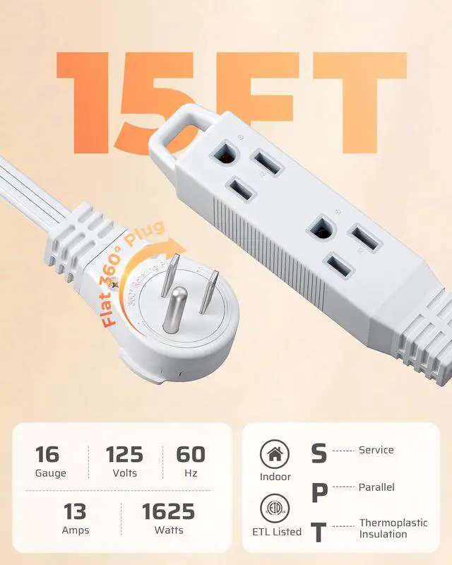Alt view image 3 of 7 - 15FT Flat Plug Extension Cord, 3 Prong Ultra Thin Power Strip, 360° Rotating Plug, 13A/125V/1625W, 16 Awg Grounded Flat Power Cable for Indoor Narrow Space, SPT-3, ETL Listed, White