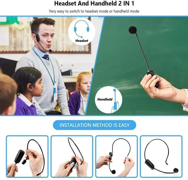 Alt view image 5 of 7 - Wireless Microphone Headset, UHF Wireless Headset Mic System, 160ft Range,1/8'' and 1/4'' Plug, for Speakers, Voice Amplifier, PA System(Not Supported AUX/iOS)