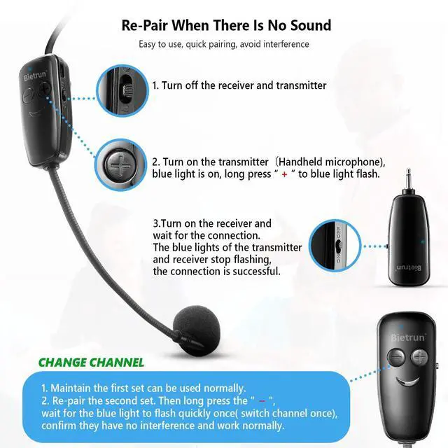 Alt view image 6 of 7 - Wireless Microphone Headset, UHF Wireless Headset Mic System, 160ft Range,1/8'' and 1/4'' Plug, for Speakers, Voice Amplifier, PA System(Not Supported AUX/iOS)