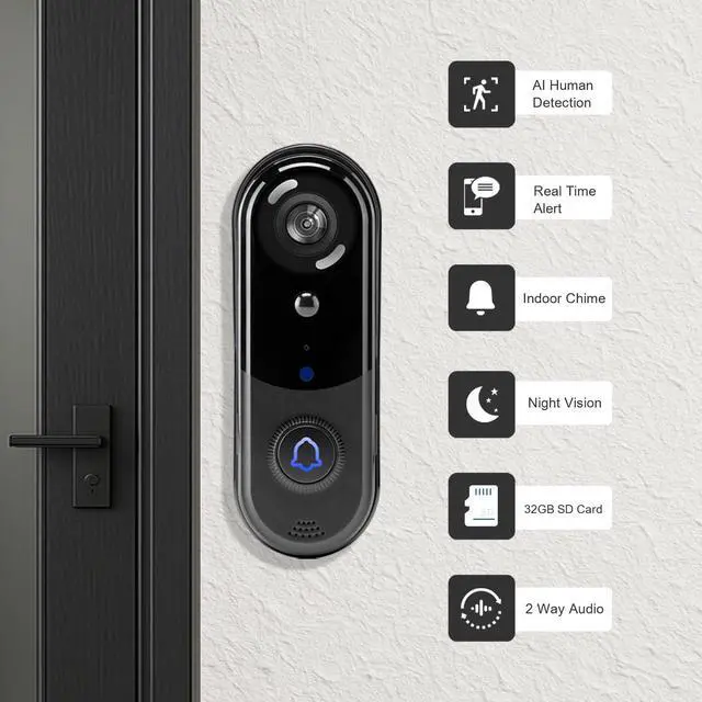 Alt view image 2 of 7 - Doorbell Camera Wireless, Video Doorbell with Chime, 32GB SD Card/Cloud Storage,Night Vision, Motion Detection,2 Way Audio,2.4G WiFi, Real Time Alert (J1)