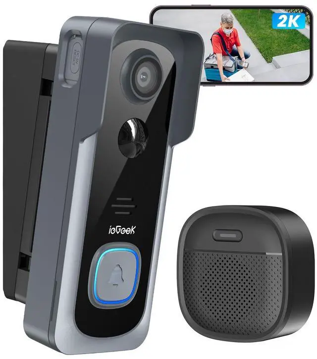 Main image of 2K Wireless Doorbell Camera No Subscription with 145° Adjustable Angle Mount, Smart Video Doorbell with Chime, Motion Detection, 2-Way Talk Voice Changer, Works with Alexa, Only 2.4Ghz WiFi