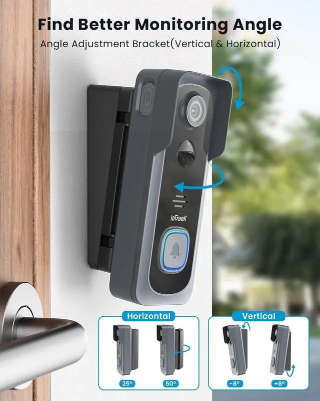 Alt view image 2 of 7 - 2K Wireless Doorbell Camera No Subscription with 145° Adjustable Angle Mount, Smart Video Doorbell with Chime, Motion Detection, 2-Way Talk Voice Changer, Works with Alexa, Only 2.4Ghz WiFi