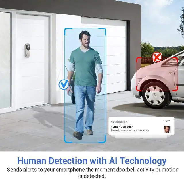 Alt view image 2 of 7 - 1080p Wireless Video Doorbell Camera for Home Security, Battery Powered, Live View, Cloud Storage, AI Human Detection, Night Vision, Two Way Audio, Indoor Outdoor Surveillance, 2.4G Wi-Fi only