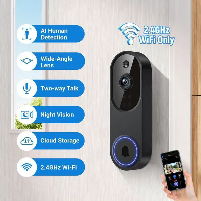 Alt view image 2 of 7 - 1080p Wireless Video Doorbell Camera, Battery Powered, AI Human and Motion Detection, 2 Way Talk, Night Vision, Cloud Storage (Sold Separately), 2.4G WiFi Only, Indoor/Outdoor Surveillance