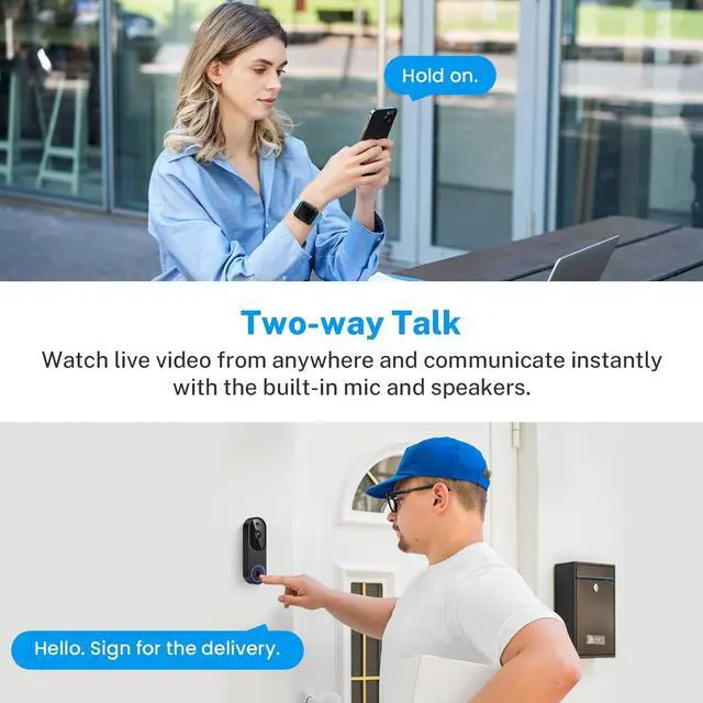 Alt view image 3 of 7 - 1080p Wireless Video Doorbell Camera, Battery Powered, AI Human and Motion Detection, 2 Way Talk, Night Vision, Cloud Storage (Sold Separately), 2.4G WiFi Only, Indoor/Outdoor Surveillance