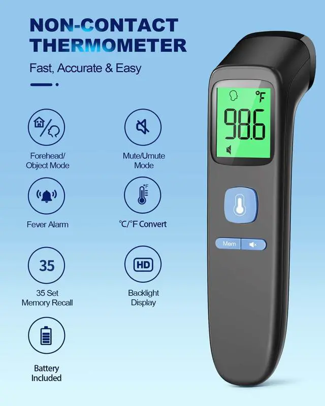 Alt view image 2 of 7 - No-Touch Forehead Thermometer for Adults, Infrared Digital Baby Thermometer for Kids, Accurate Reading with Large Display, Mute Mode, Memory Recall, Fever Alarm