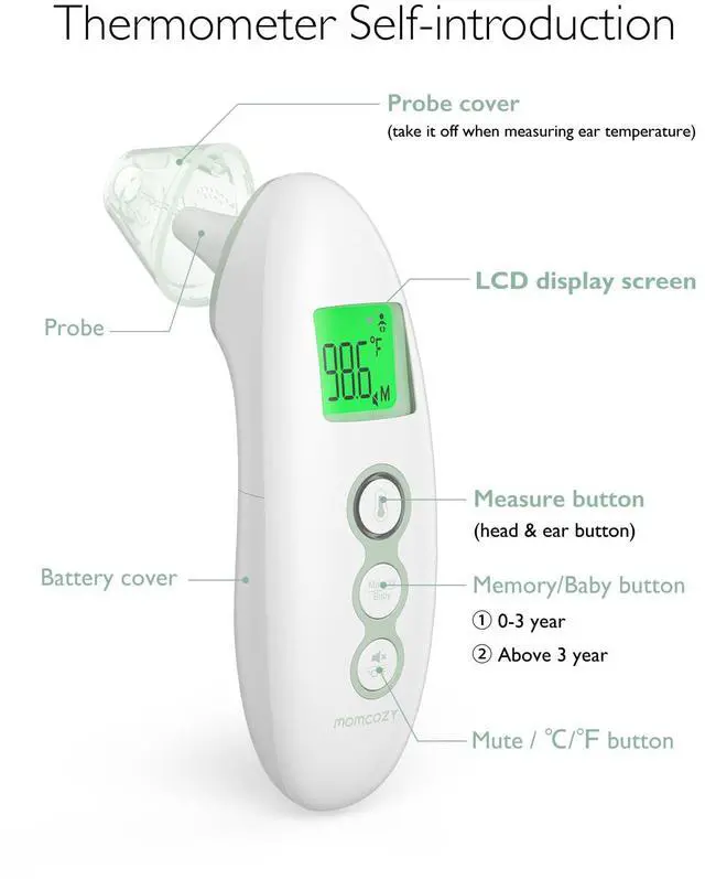Alt view image 7 of 7 - Non-Contact Forehead and Ear Thermometer, Digital Infrared Thermometer for Adults and Children, with Child Mode, Fever Alarm Function, Mute and Memory Functions, Fast and Accurate Measurement