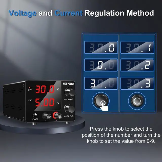 Alt view image 5 of 7 - DC Power Supply Variable, 30V 5A Adjustable Switching Regulated Power Supply with Encoder, Upgraded 3-Digits LED Display, Electroplating DIY LED Test Mini Regulated DC Bench Power Supply