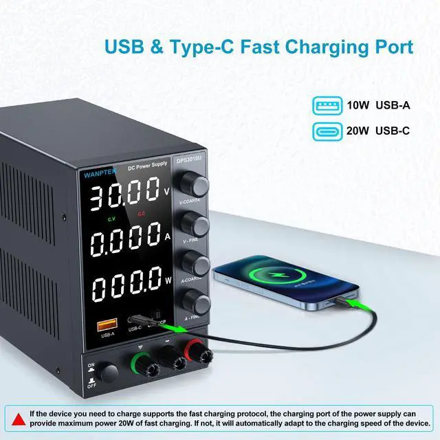 Alt view image 4 of 7 - DC Power Supply Variable 0-30V 0-10A, Adjustable Switching Regulated Bench Power Supplies with Encoder Coarse & Fine Knob, 3.6A USB & Type-C Quick-Charge, OCP Overcurrent Protection