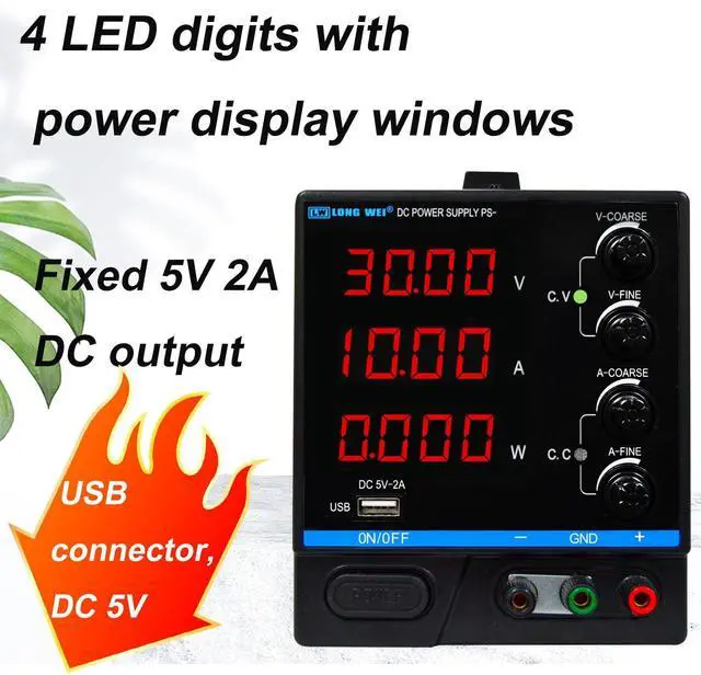 Alt view image 3 of 7 - DC Power Supply Variable,30V 10A Adjustable Switching Regulated DC Bench Power Supply with 4-Digits LED Power Display, Coarse and Fine Adjustments with Alligator Leads Black