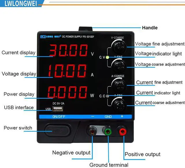 Alt view image 2 of 7 - DC Power Supply Variable,30V 10A Adjustable Switching Regulated DC Bench Power Supply with 4-Digits LED Power Display, Coarse and Fine Adjustments with Alligator Leads Black
