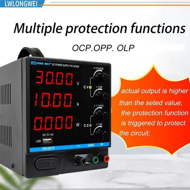 Alt view image 4 of 7 - DC Power Supply Variable,30V 10A Adjustable Switching Regulated DC Bench Power Supply with 4-Digits LED Power Display, Coarse and Fine Adjustments with Alligator Leads Black