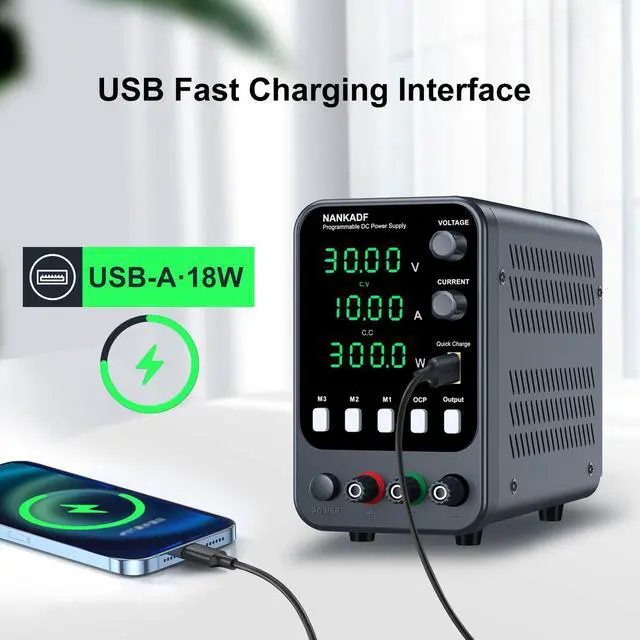 Alt view image 5 of 7 - DC Power Supply, 30V 10A Bench Power Supply with Memory Storage & RecallVariable Power Suppy with Encoder Adjustment Knob, 5V/3.6A USB Quick-Charge & OCP Short Circuit Alarm (0-30v 0-10a)