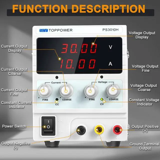 Alt view image 5 of 7 - DC Power Supply Variable,0-30V 0-10A Adjustable Regulated Bench Lab Power with 4-Digit Display,for Repairing Phones,Computers,Test,Battery Charging,Electrolytic Power Supply,DIY,Sky TOPPOWER PS3010H