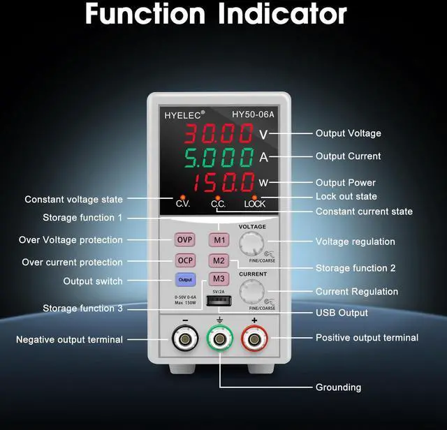 Alt view image 2 of 7 - Variable DC Power Supply,0-50V 0-6A max150W Switching Regulated Bench Power Supply with Memory, 4-Digit LED Display, 5V2A USB Interface, Output Switch, Coarse and Fine Adjustments