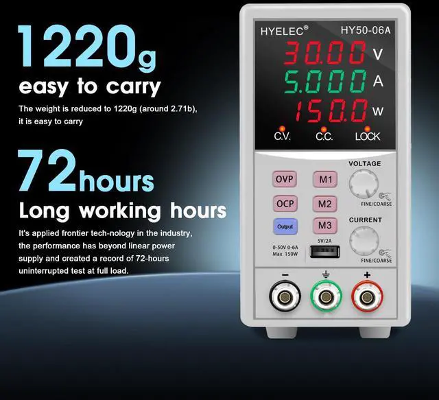 Alt view image 5 of 7 - Variable DC Power Supply,0-50V 0-6A max150W Switching Regulated Bench Power Supply with Memory, 4-Digit LED Display, 5V2A USB Interface, Output Switch, Coarse and Fine Adjustments