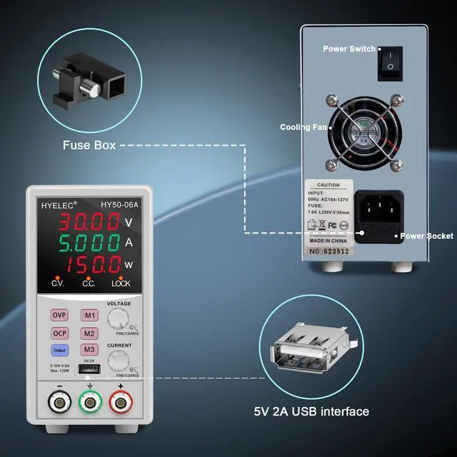 Alt view image 6 of 7 - Variable DC Power Supply,0-50V 0-6A max150W Switching Regulated Bench Power Supply with Memory, 4-Digit LED Display, 5V2A USB Interface, Output Switch, Coarse and Fine Adjustments