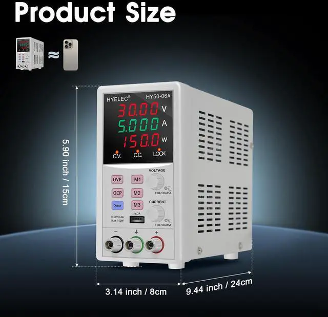 Alt view image 7 of 7 - Variable DC Power Supply,0-50V 0-6A max150W Switching Regulated Bench Power Supply with Memory, 4-Digit LED Display, 5V2A USB Interface, Output Switch, Coarse and Fine Adjustments