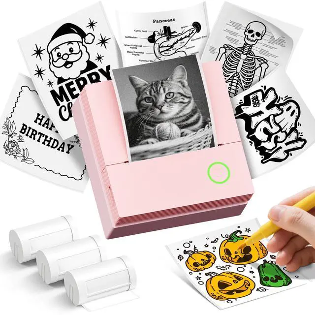 Main image of Sticker Printer, PM290C Portable Mini Printer, Inkless Bluetooth Sticker Maker with 3 Rolls Paper, Impresora Portátil for Notes, Journal, DIY, Gift, Print Pod for School/Office/Christmas, Pink