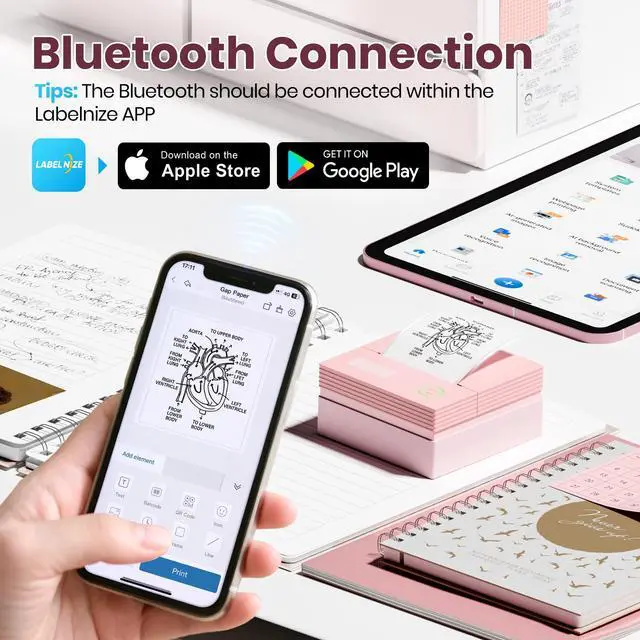 Alt view image 2 of 7 - Sticker Printer, PM290C Portable Mini Printer, Inkless Bluetooth Sticker Maker with 3 Rolls Paper, Impresora Portátil for Notes, Journal, DIY, Gift, Print Pod for School/Office/Christmas, Pink